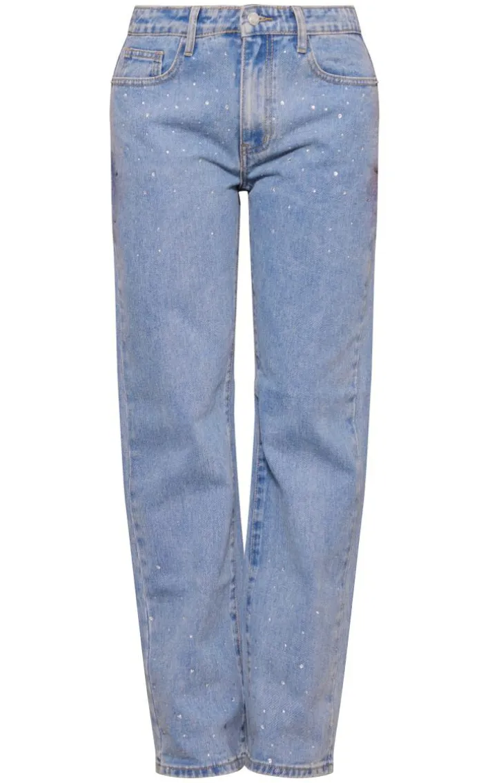 Light Blue Wash Diamante Straight Leg Jeans