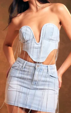 Discount PrettyLittleThing Diamante Trim Denim Bandeau Crop Top Light Blue Wash