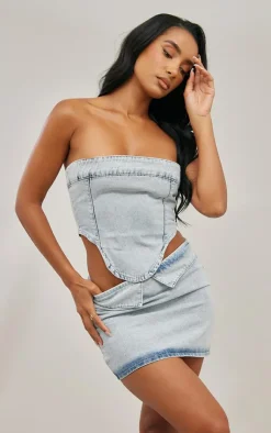 Sale PrettyLittleThing Dipped Hem Bandeau Denim Top Light Blue Wash