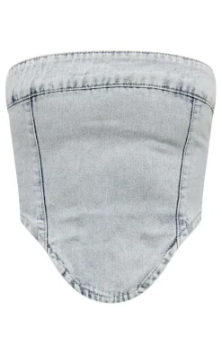 Sale PrettyLittleThing Dipped Hem Bandeau Denim Top Light Blue Wash