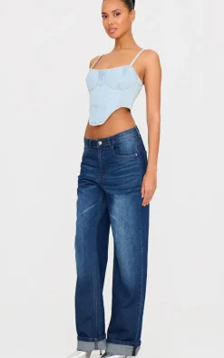 PrettyLittleThing Dipped Hem Denim Corset Light Blue Wash
