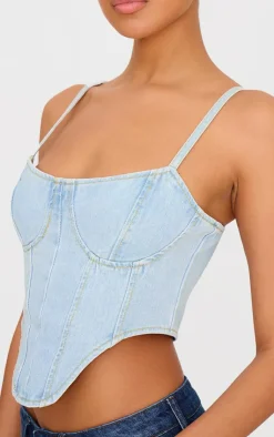 PrettyLittleThing Dipped Hem Denim Corset Light Blue Wash