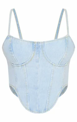 PrettyLittleThing Dipped Hem Denim Corset Light Blue Wash