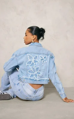 Light Blue Wash Distressed Flower Detail Denim Jacket