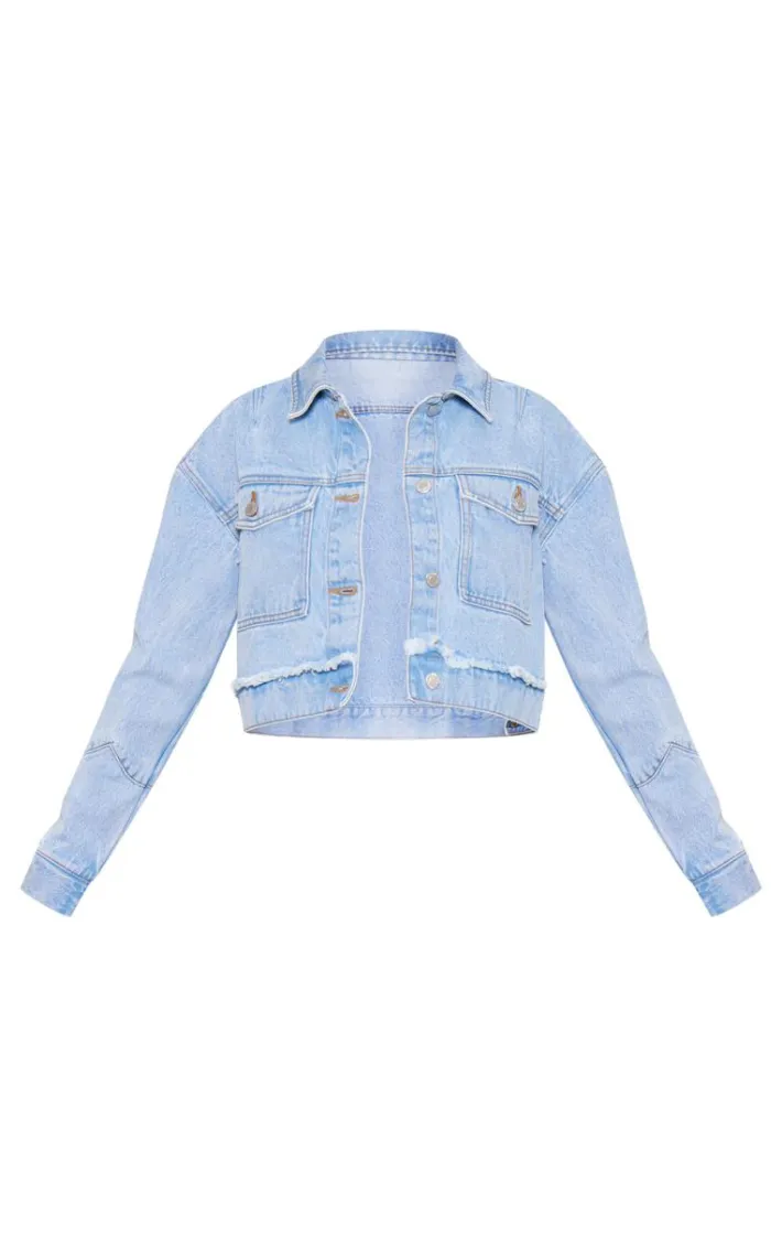Light Blue Wash Distressed Flower Detail Denim Jacket