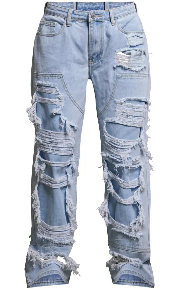 Light Blue Wash Extreme Distress Wide Leg Jeans