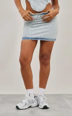 Sale PrettyLittleThing Foldover Waistband Denim Mini Skirt Light Blue Wash