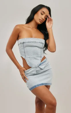 Sale PrettyLittleThing Foldover Waistband Denim Mini Skirt Light Blue Wash