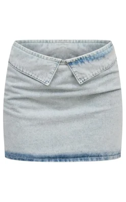 Sale PrettyLittleThing Foldover Waistband Denim Mini Skirt Light Blue Wash