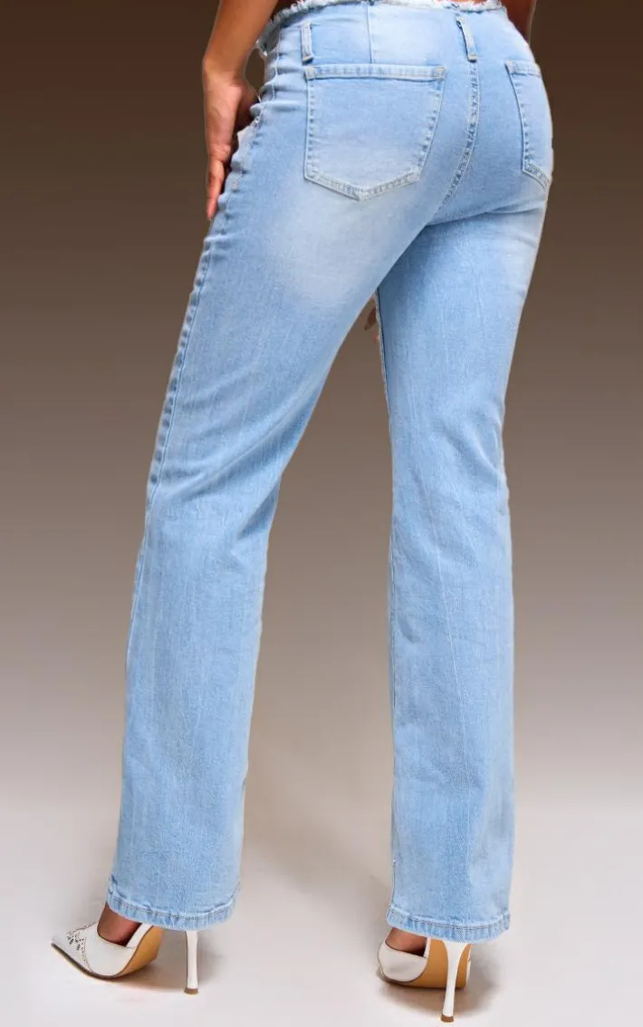 Light Blue Wash Frayed Hem Relaxed Fit Jeans