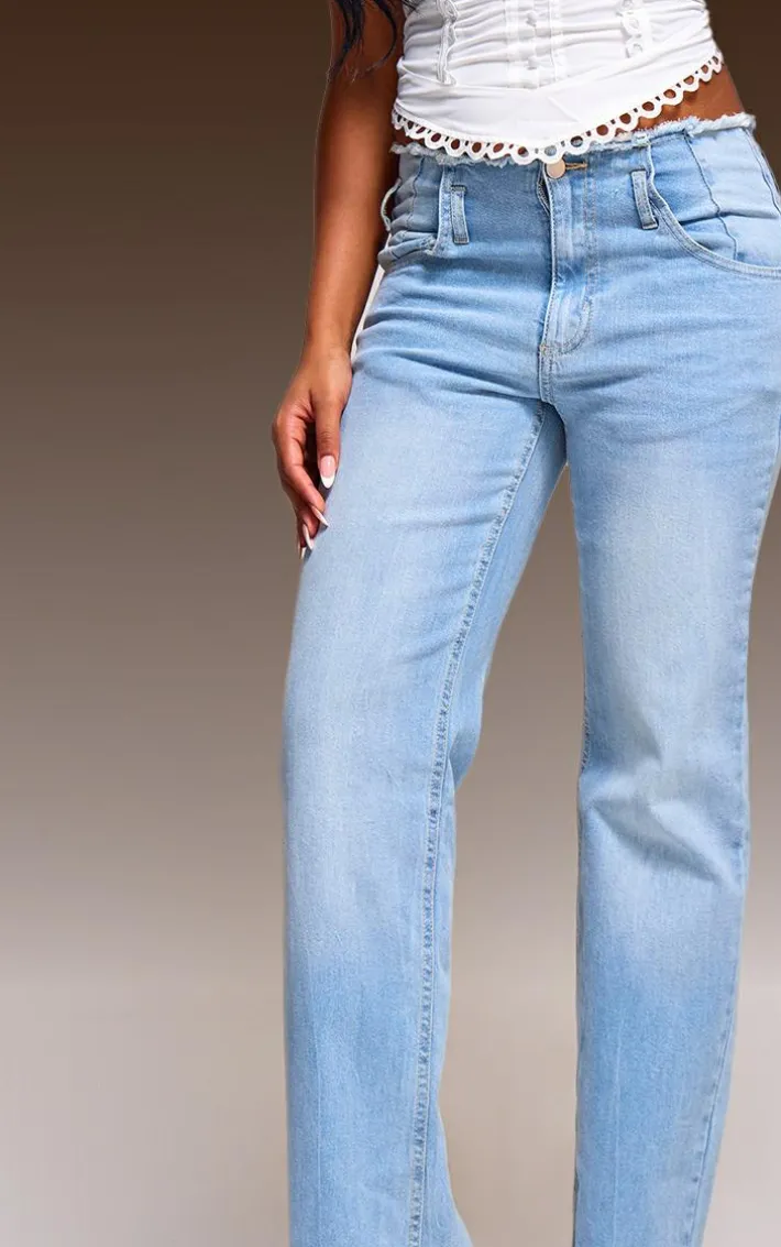 Light Blue Wash Frayed Hem Relaxed Fit Jeans