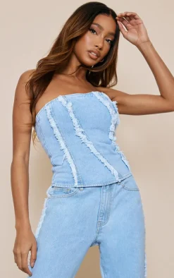 PrettyLittleThing Corsets*Frayed Seam Detail Denim Corset Top