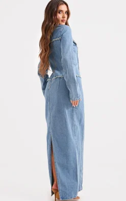 Freyed Pannel Detail Lace Up Maxi Denim Dress-PrettyLittleThing