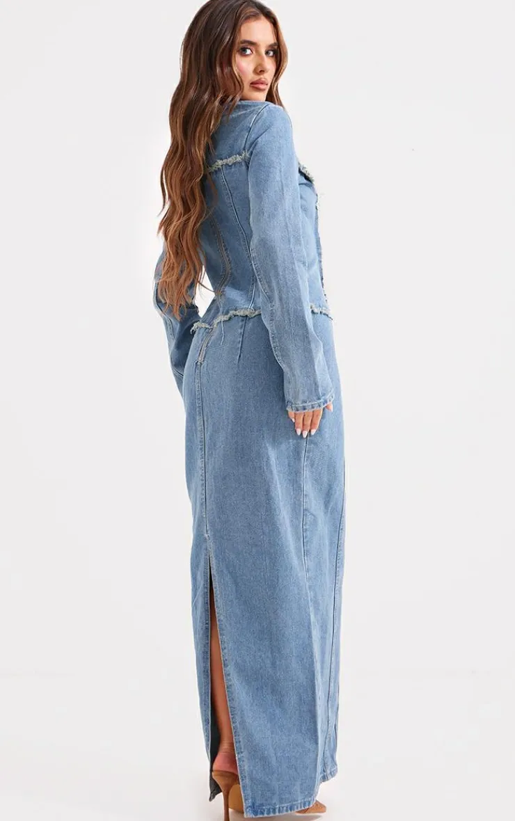 Freyed Pannel Detail Lace Up Maxi Denim Dress-PrettyLittleThing