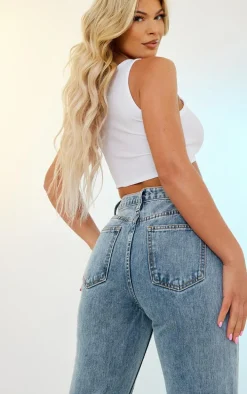 Light Blue Wash Front Split Long Leg Straight Jeans