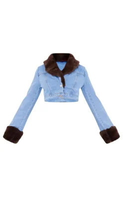 PrettyLittleThing Faux Fur Coats*Fur Trim Cropped Denim Jacket