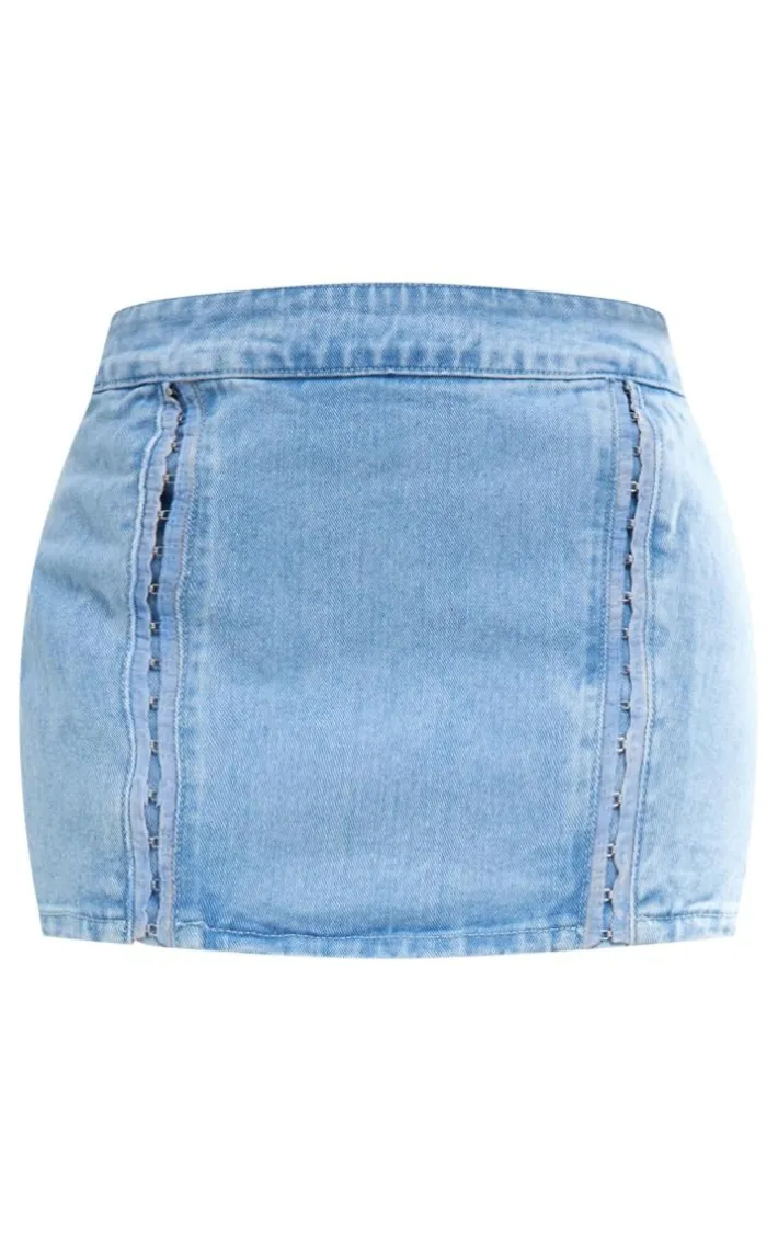 Light Blue Wash Hook And Eye Detail Denim Mini Skirt