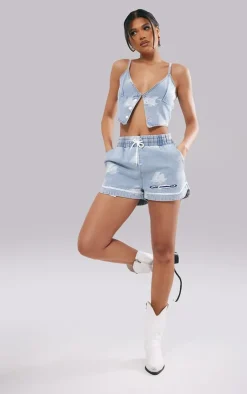 Best PrettyLittleThing LA Printed Button Detail Denim Top Light Blue Wash