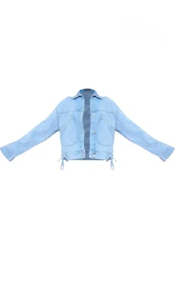 Online PrettyLittleThing Lace Up Bow Detail Cropped Denim Jacket Light Blue Wash