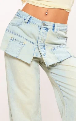 Light Blue Wash Layered Exposed Pocket Wide Leg Jeans