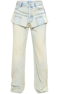 Light Blue Wash Layered Exposed Pocket Wide Leg Jeans