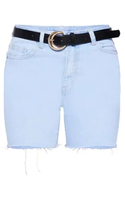 Light Blue Wash Longline Fitted Denim Shorts