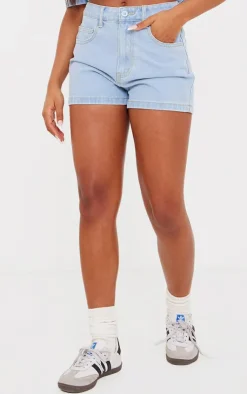 Online PrettyLittleThing Longline Denim Shorts Light Blue Wash