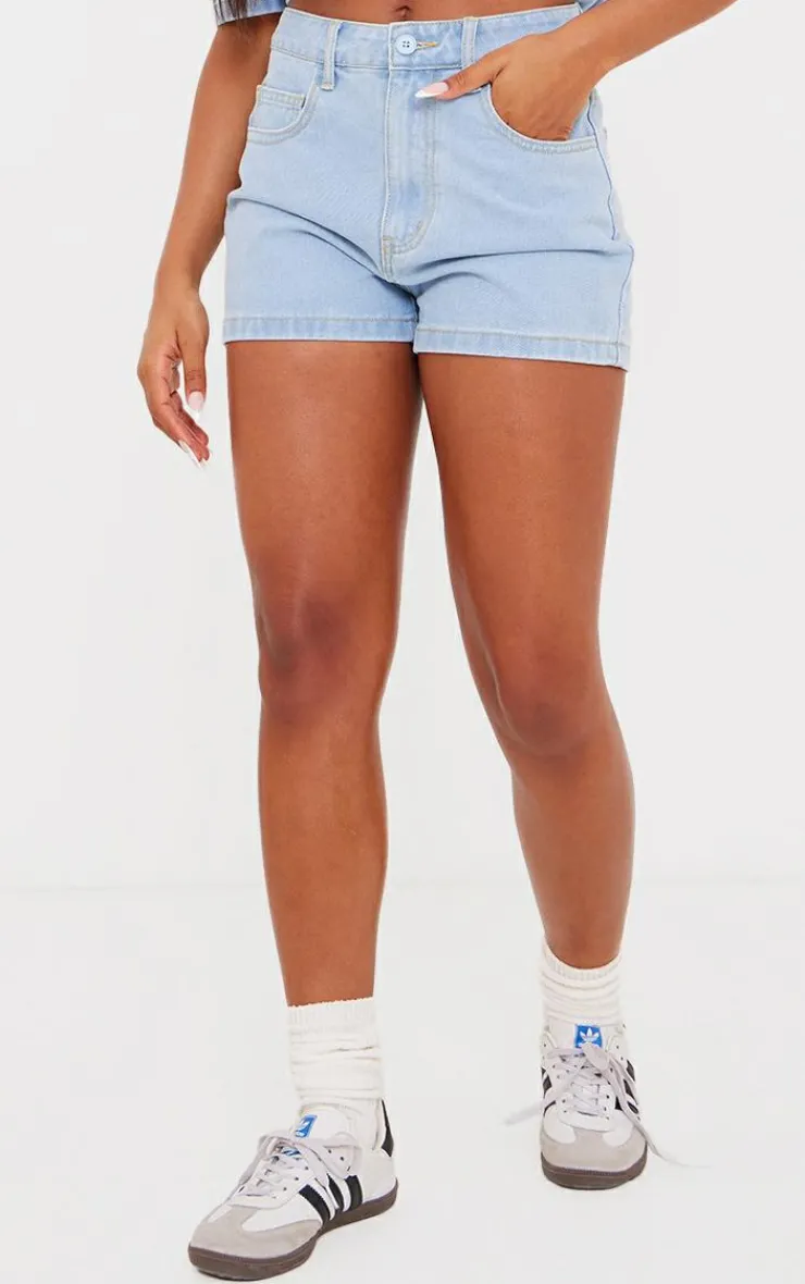 Online PrettyLittleThing Longline Denim Shorts Light Blue Wash