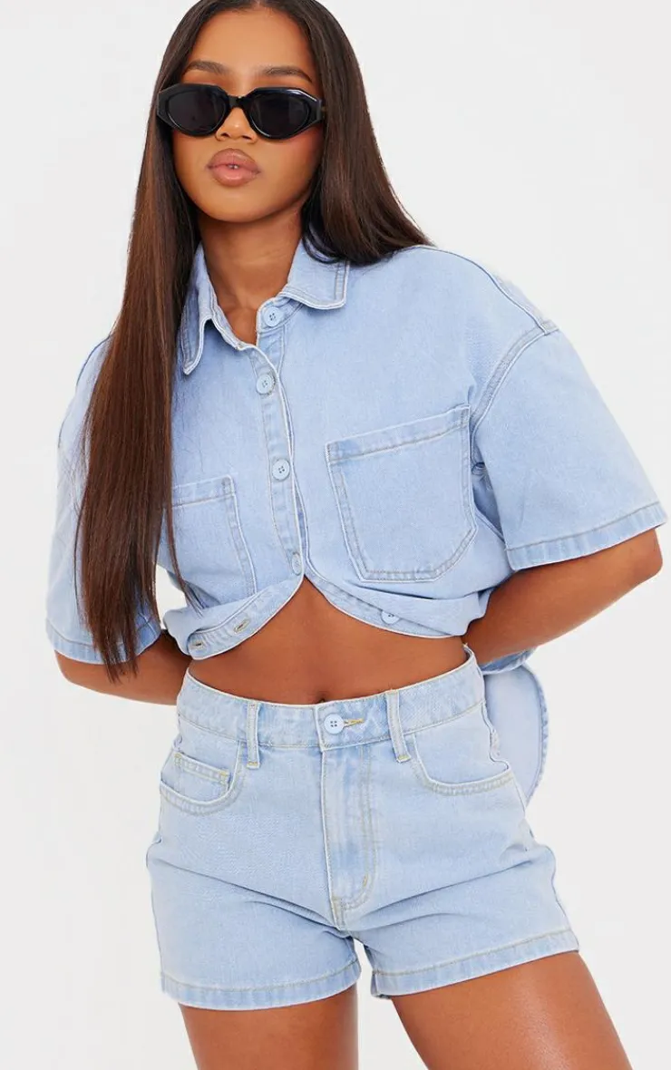 Online PrettyLittleThing Longline Denim Shorts Light Blue Wash