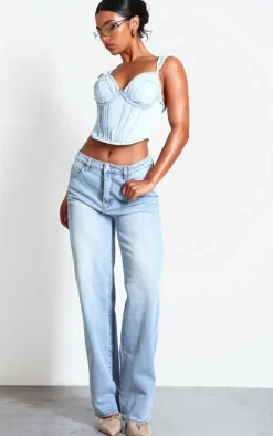 Light Blue Wash Mid Rise Straight Leg Jeans