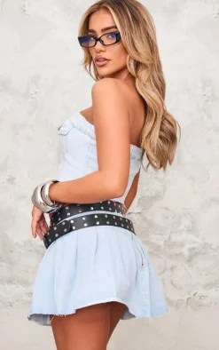 Online PrettyLittleThing Pocket Detail Cropped Denim Corset Top Light Blue Wash
