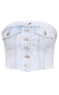 Online PrettyLittleThing Pocket Detail Cropped Denim Corset Top Light Blue Wash
