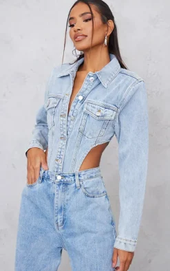 PrettyLittleThing Shirts*Pocket Front Denim Jacket High Side Bodysuit
