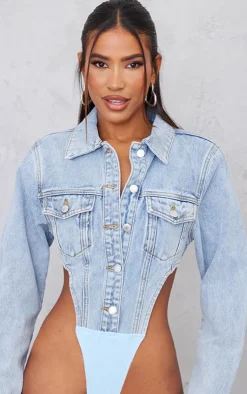 PrettyLittleThing Shirts*Pocket Front Denim Jacket High Side Bodysuit