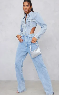 PrettyLittleThing Shirts*Pocket Front Denim Jacket High Side Bodysuit