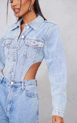 PrettyLittleThing Shirts*Pocket Front Denim Jacket High Side Bodysuit