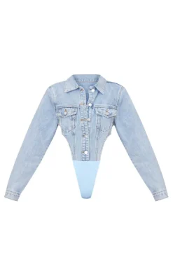 PrettyLittleThing Shirts*Pocket Front Denim Jacket High Side Bodysuit