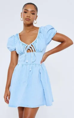 Puff Sleeve Fitted Waist Denim Dress-PrettyLittleThing Discount