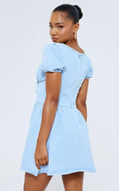 Puff Sleeve Fitted Waist Denim Dress-PrettyLittleThing Discount