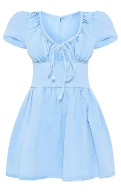 Puff Sleeve Fitted Waist Denim Dress-PrettyLittleThing Discount