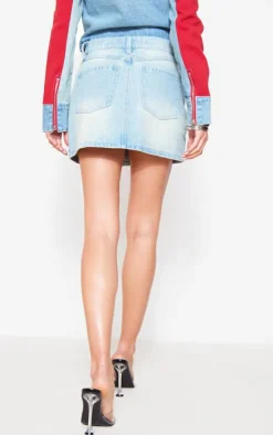 Sale PrettyLittleThing Racer Graphic Denim Mini Skirt Light Blue Wash