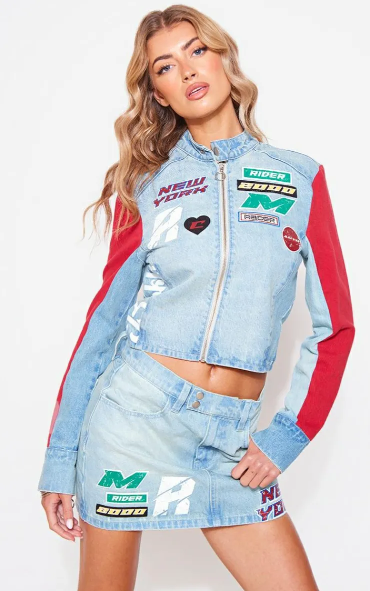 Sale PrettyLittleThing Racer Graphic Denim Mini Skirt Light Blue Wash