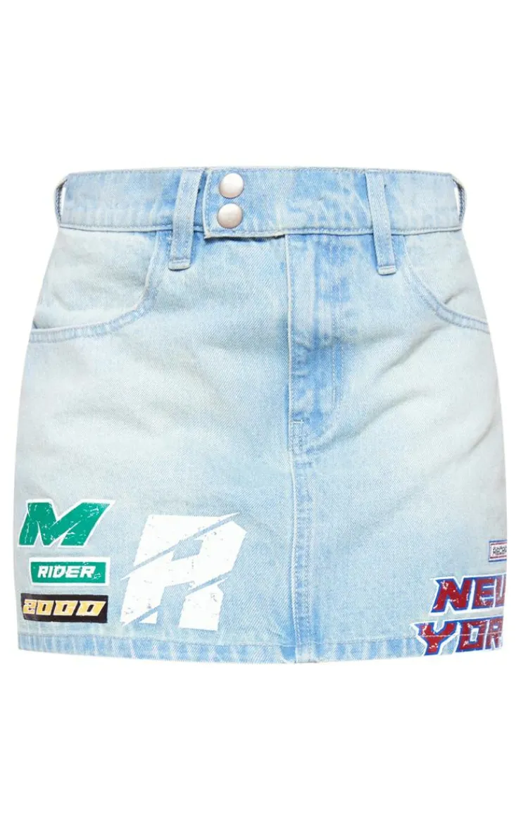 Sale PrettyLittleThing Racer Graphic Denim Mini Skirt Light Blue Wash