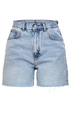 Light Blue Wash Raw Hem Longline Denim Mom Shorts