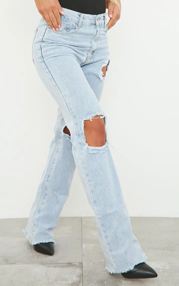 Light Blue Wash Ripped High Waist Straight Leg Jeans