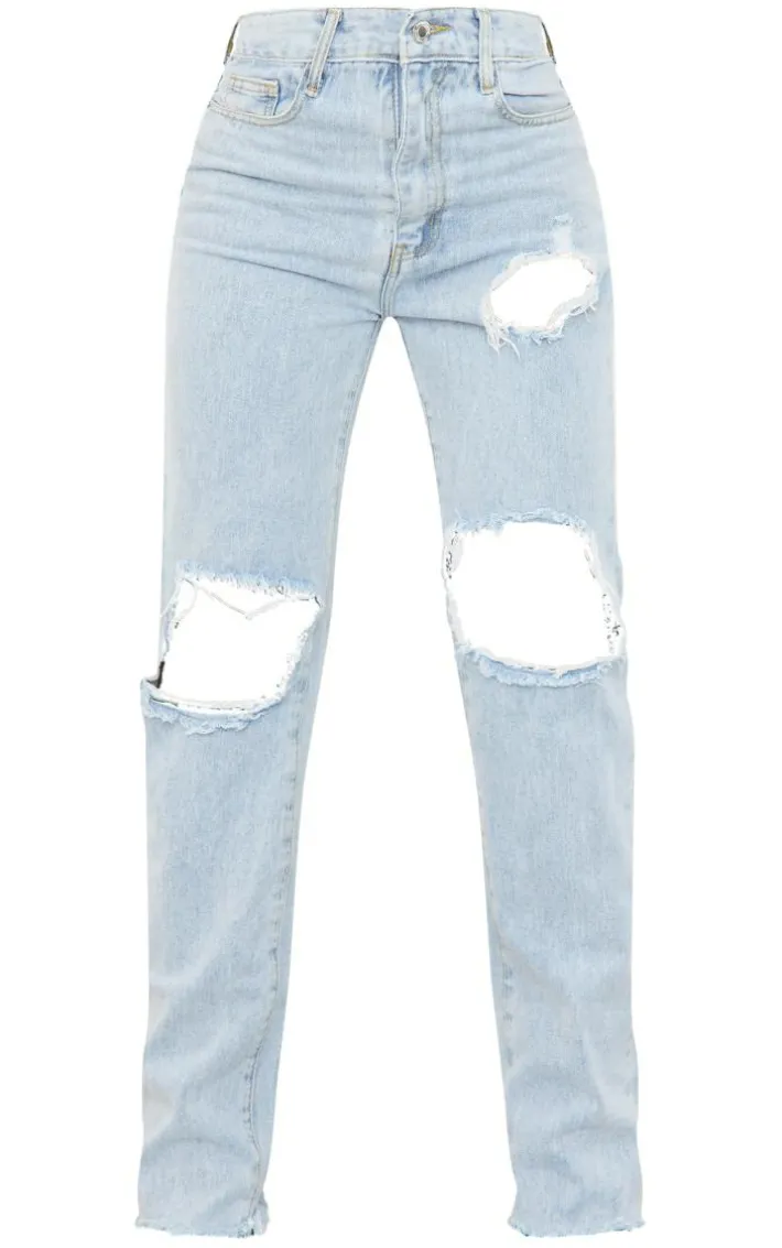 Light Blue Wash Ripped High Waist Straight Leg Jeans