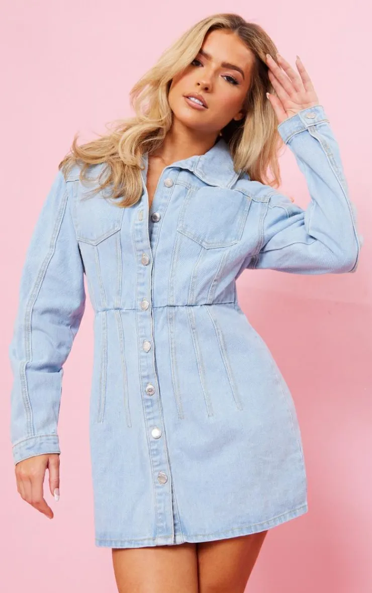 Seam Detail Cinched Waist Denim Dress-PrettyLittleThing Discount
