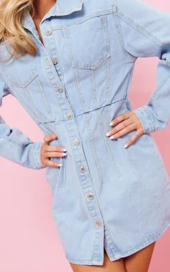 Seam Detail Cinched Waist Denim Dress-PrettyLittleThing Discount