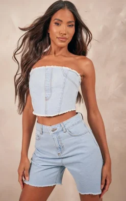 Hot PrettyLittleThing Seam Front Raw Edge Denim Bandeau Top Light Blue Wash
