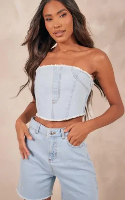 Hot PrettyLittleThing Seam Front Raw Edge Denim Bandeau Top Light Blue Wash